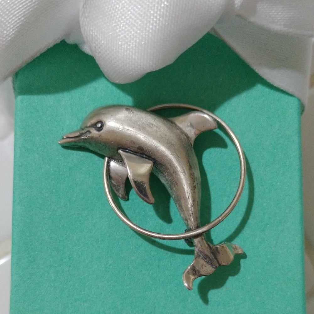 Beau Vintage Sterling Silver Dolphin In Hoop Brooch
